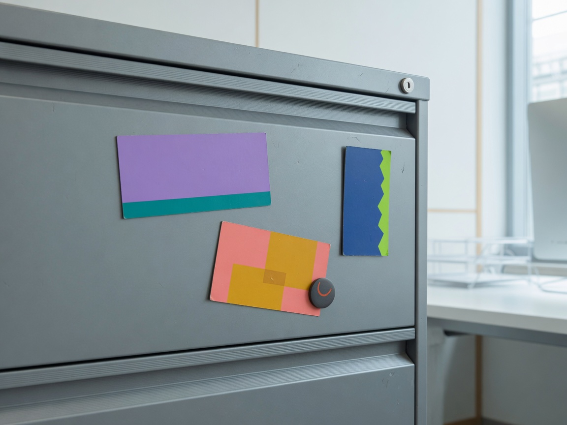 Magnetic labels on a metal office cabinet